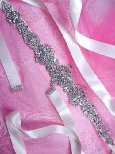 Crystal Embellished Sheer Ribbon Sash - Ivory & Silver Bridal Belt, Crystal and Pearl Sash, Beaded Rhinestone and  main image 3
