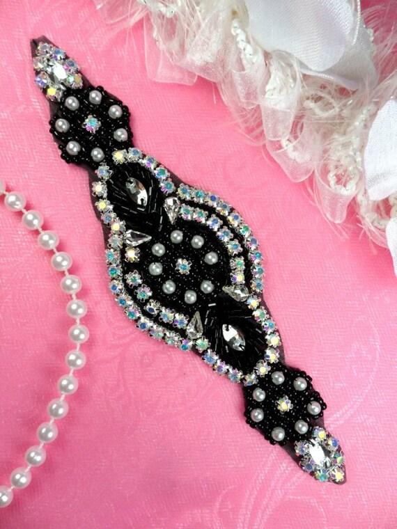 JB41 Black Backing Lillian Silver Pearl Beaded Crystal Rhinestone Applique 6.25/"