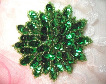 Green Sequin Applique Floral Beaded Iron on Patch Snowflake Star DIY Crafts Sewing Costumes 3" (XR364-gr)