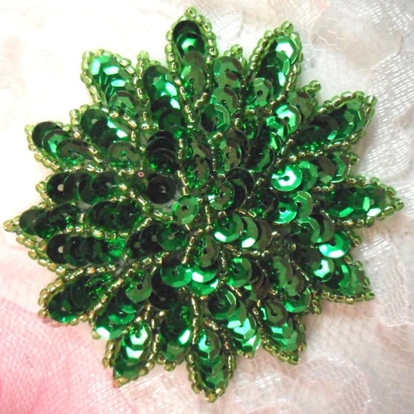 Green Sequin Applique Floral Beaded Iron on Patch Snowflake Star DIY Crafts Sewing Costumes 3" (XR364-gr)