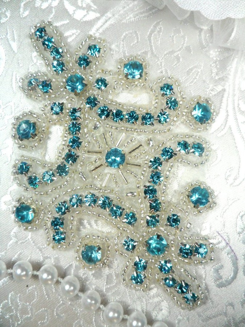 JB115 Turquoise Applique Crystal Rhinestone Silver Beaded 4 JB115-trsl image 1