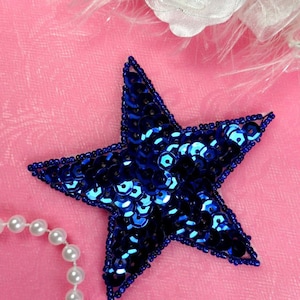 JB74 Blue Star Applique 3&quot;  Sequin Beaded Patch Three Inch (JB74-bl)
