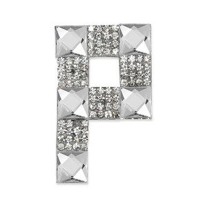 May include: A silver letter P made of rhinestones. The letter is made up of nine square sections, each with a clear crystal in the center and surrounded by smaller rhinestones.