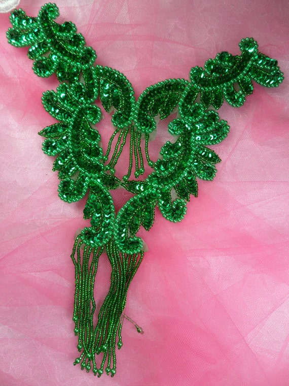 0510 Hot Pink AB Bodice Yoke Sequin Beaded Applique Sewing Patch Motif 10/"