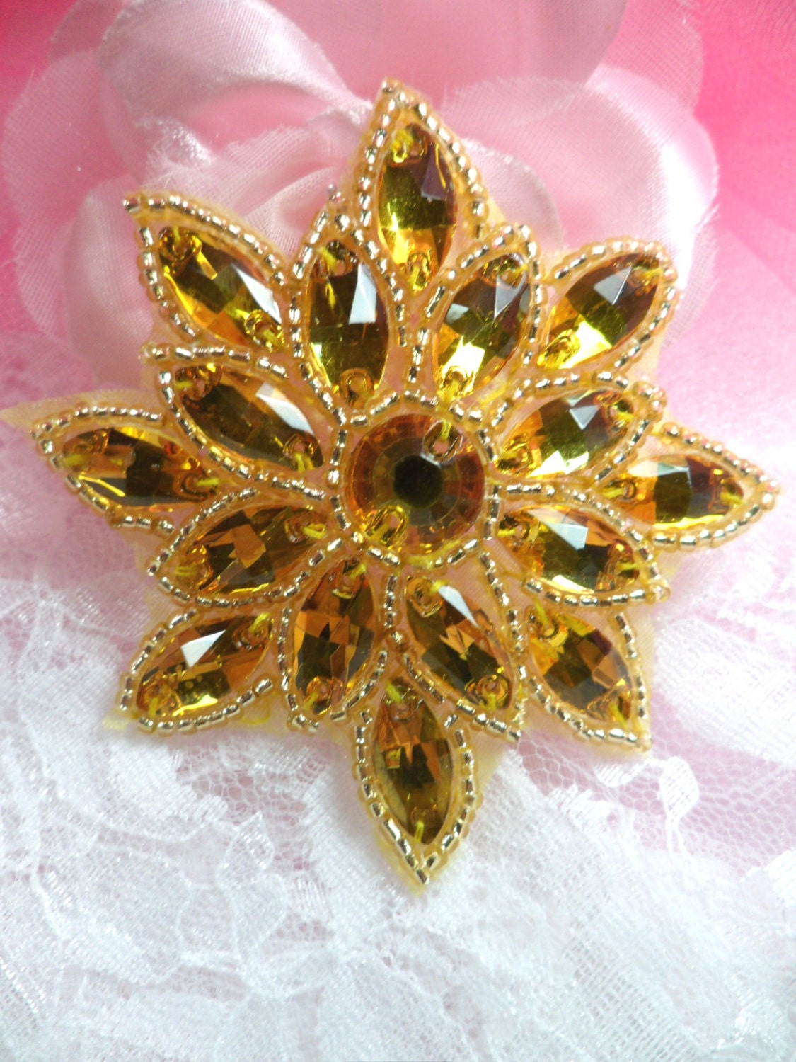 N19 Gold Glass Rhinestone Applique Snowflake Floral Beaded Patch Sewing  2.75