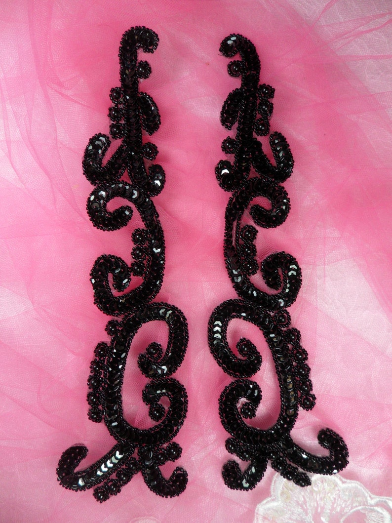 JB242 Beaded Sequin Appliques Pewter Scroll Designer Mirror Pair 7/"