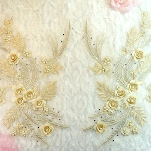 Embroidered 3D Appliques Beige Floral Mirror Pair w/ Pearls Sewing Patch 13&quot; (DH76X-bg)
