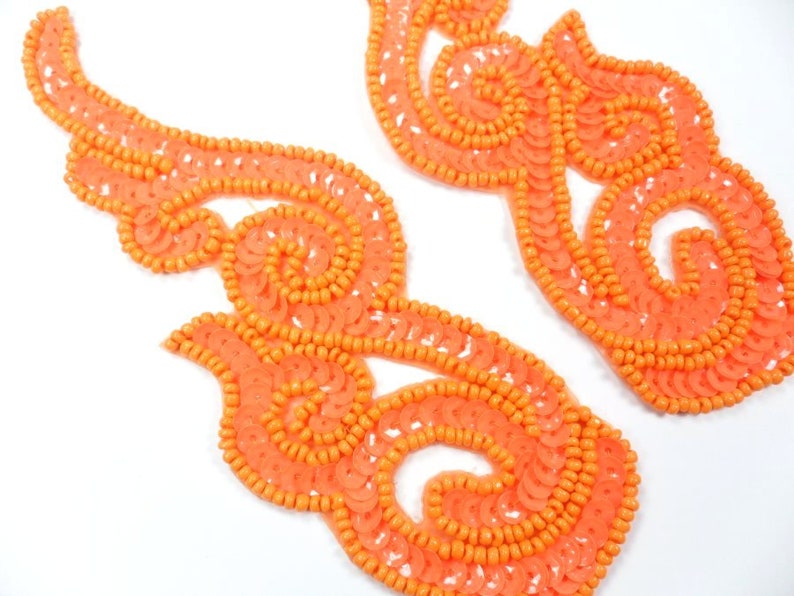 Orange Sequin Appliques Beaded Scroll Mirror Pair Patch Iron Etsy