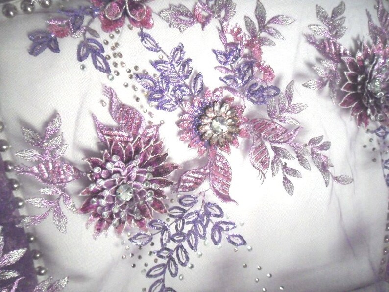 Embroidered 3D Applique Fabric Lavender Mauve Sequin Rhinestone Floral Design Dance Costume Fabric DH78-Lvmv
