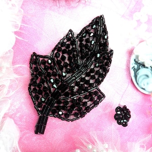 JB63 Black Leaf Designer Glass Beaded Applique Motif  Sewing or Crafts 4&quot;  JB63-bk
