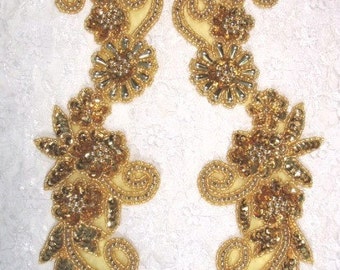 0183  Gold Mirror Pair Floral Sequin Beaded Appliques