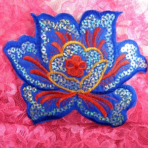 GB66 Blue Red Embroidered Flower Silver AB Sequin Applique 6.5&quot; (GB66-blrd)
