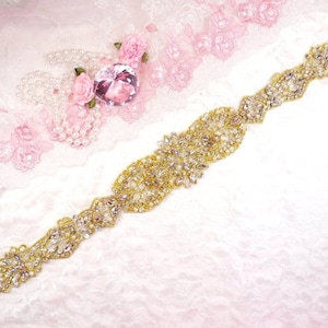 Gold Bridal Sash Applique w/ Beads and Pearls Surrounding Crystal Rhinestones 18.5&quot; (GB628)