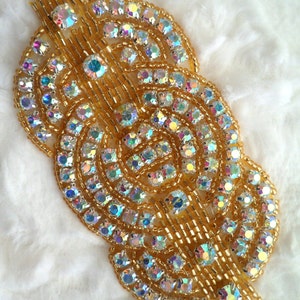 XR9 Applique Gold Beaded Crystal AB Rhinestones Triple Circle Patch 4.75&quot; (XR9-glab)