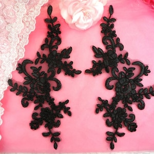 Appliques Black Corded Edge Venice Lace Embroidered Floral Mirror Pair Costume Motifs DIY 9.5&quot; (BL131X-bk)