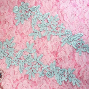 Embroidered Floral Applique Mirror Pair Mint Green Clothing Patch Craft Motif 10" (BL106X)