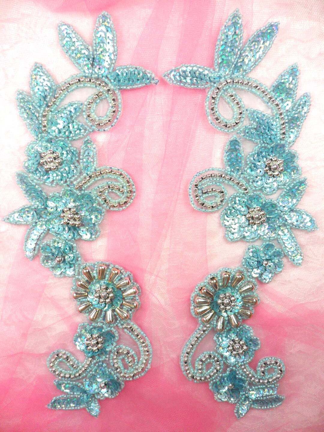 0183 Appliques Mirror Pair Sequin Beaded Misty Blue Holographic Silver