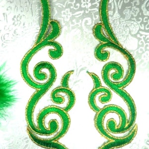 Embroidered Appliques MIRROR PAIR Green Gold Scroll Metallic Iron On Patch 6.75"  (GB89X-grgl)