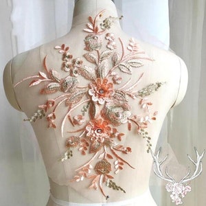 3 Dimensional Embroidered Lace Applique Peach Gold Floral Costume Dance Patch 15" BL130