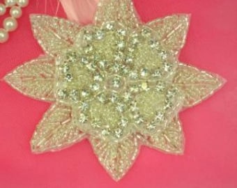 Sale Silver Beaded Floral Crystal Clear Rhinestone Applique 4.5" XR48A