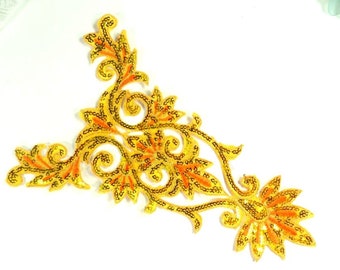 Sequin Orange Gold Bodice Applique | Yoke Collar Sewing Dance Costume Motif 9.75"