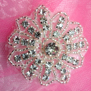 JB57 Rhinestone Floral Crystal Glass Silver Beaded Applique Motif  Sewing or Crafts 2&quot;  (JB57-slcr)