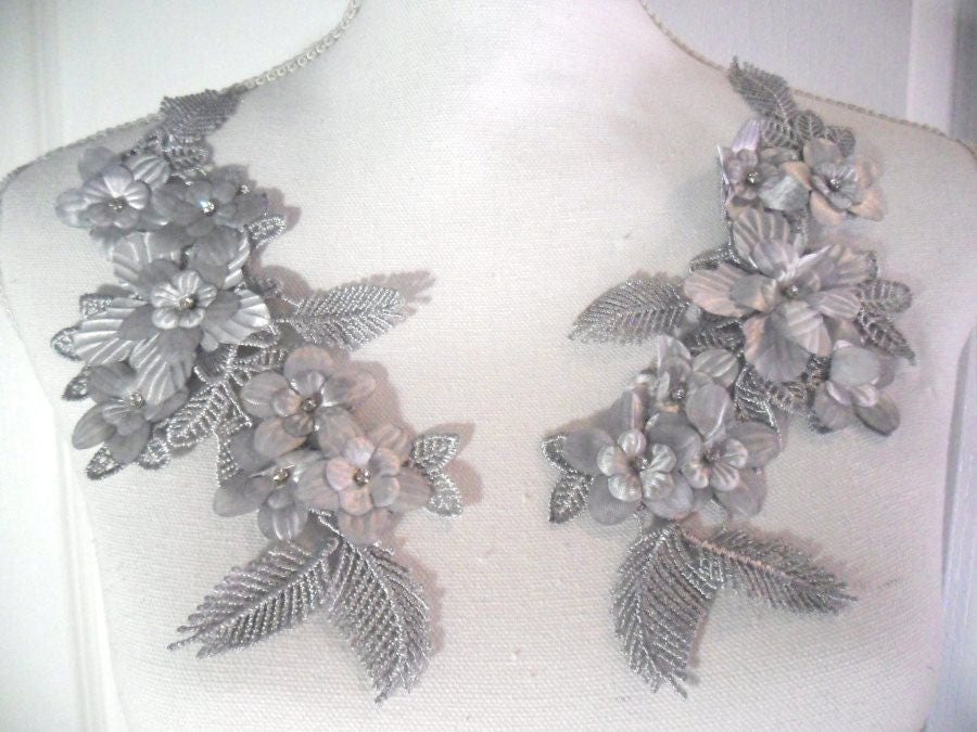 DH105 Venice Lace 3D Silver Floral Applique w/Crystal Rhinestones & Pearls 9" DH105 Venice Lace 3D Silver Floral Applique w/Crystal Rhinestones & Pearls 9"