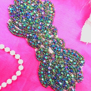 JB67 Peacock Green AB Aurora Borealis Designer Glass Beaded Applique 5.5&quot; Hot Fix Iron on JB67-grab