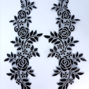 Embroidered Lace Appliques Black Silver Floral Venice Lace Mirror Pair  Ballet Dance Costume Patch 14&quot;  Great Price and Quality