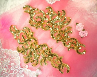 Sequin Appliques Gold Mirror Pair w/ Beads Dance Costume Motif Patch Sewing or Crafts DIY 11" (0515X-gl)