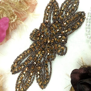 JB162 Bronze Brown Beaded Flower Applique Floral Iron On 6&quot; (JB162-bz)