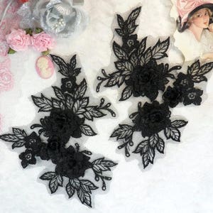 Beautiful NEW ARRIVAL 3D Embroidered Lace Appliques Black Floral Venice Lace Mirror Pair 7.5&quot; (BL133X-bk)
