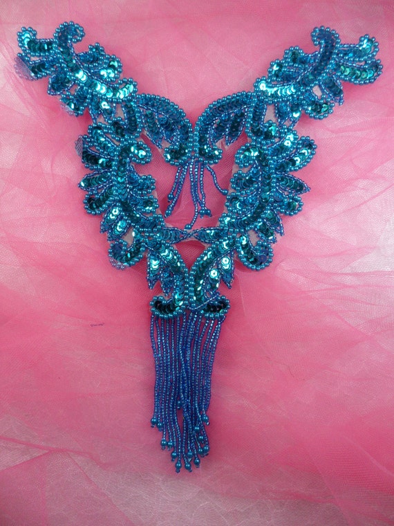 0510 Fuchsia Pink Bodice Yoke Sequin Beaded Applique Sewing Patch Motif 10/"