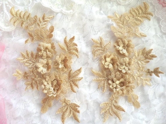 3D Embroidered Lace Applique Gold Floral Venice Lace Patch
