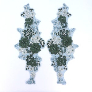 Apliques de renda de lantejoulas verde escuro prata floral veneza espelho de renda par de roupas costura artesanato suprimentos 12&quot; bl148x