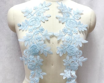 Embroidered Lace Appliques Light Blue Floral Venice Lace Mirror Pair  Ballet Dance Costume Patch 14"  Great Price and Quality