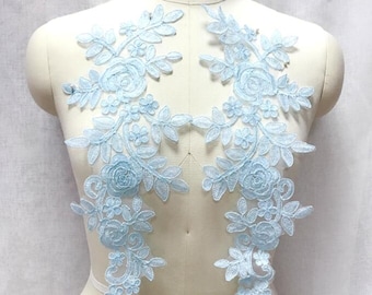 Embroidered Lace Appliques Light Blue Floral Venice Lace Mirror Pair  Ballet Dance Costume Patch 14&quot;  Great Price and Quality