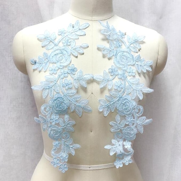 Embroidered Lace Appliques Light Blue Floral Venice Lace Mirror Pair  Ballet Dance Costume Patch 14"  Great Price and Quality