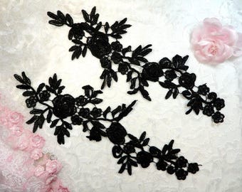 Romantic Roses Embroidered Black Lace Appliques Floral Venice Lace Mirror Pair 13" (DH84X-bk)