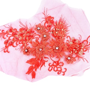 Floral Applique Three Dimensional Embroidered Lace Red Gold Sewing Patch 15 inches BL139