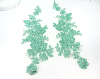 Sequin Lace Appliques Teal Floral Venice Lace Mirror Pair Clothing Patch Sewing Craft Supplies 14" BL146X