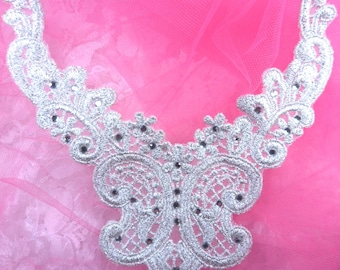 BL57  Silver Metallic Yoke Collar Venise Lace Rhinestone Applique 7.5" (BL57-sl)