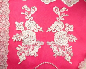 Mirror Pair White Floral Venise Lace Embroidered Appliques 9.5" (BL85X-wh)