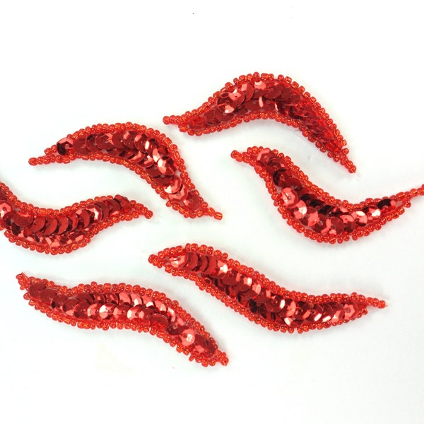 Set of 6 Appliques Fire Pieces Flames Red Sequin Beaded Hot Fix Dance Costume Design Patch