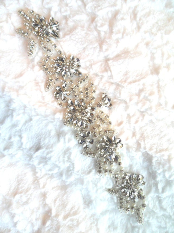 Crystal Embellished Applique Sash - Clear Rhinestones & Pearls Crystal Clear Rhinestone Applique, Bridal Sash Applique  main image 3