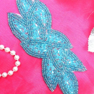 JB31 Turquoise Designer Glass Beaded Applique Motif  Sewing or Crafts 6&quot;  JB31-(dtr)