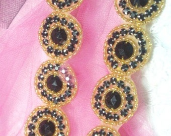 0379  Black Gold Round Jewel Rhinestone Beaded Trim 1.25"  ( Use for Sewing and Crafts )