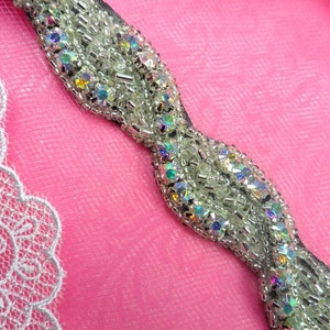 0475 Black Backing Crystal Aurora Borealis AB Rhinestone Braided Silver Beaded Trim .75&quot; (0475-bkab)