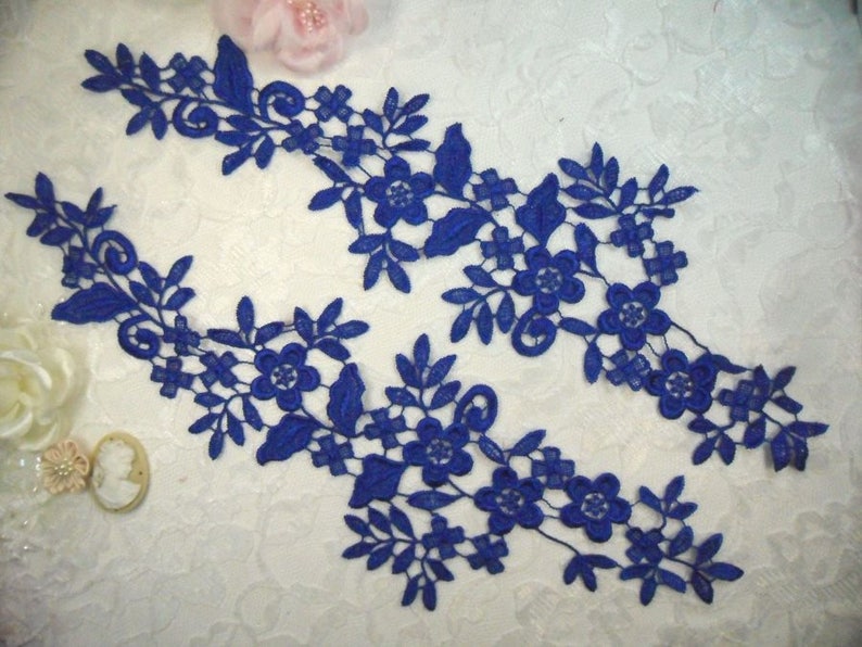 Embroidered Lace Appliques Blue Floral Venice Lace Mirror Pair DIY Sewing Craft Motifs 15 DH80X-bl