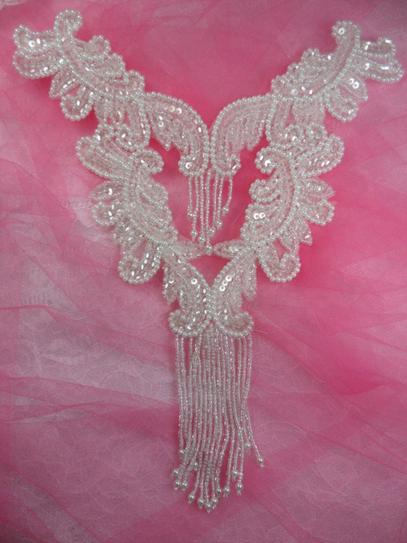 0510 Hot Pink AB Bodice Yoke Sequin Beaded Applique Sewing Patch Motif 10/"
